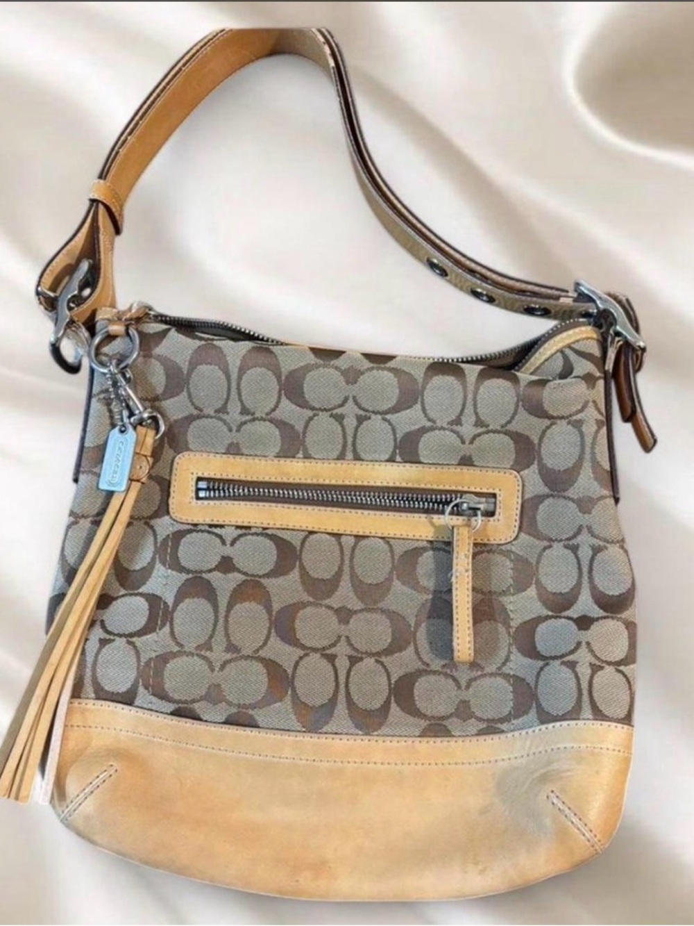 Vintage 2000’s Coach Signature Canvas Shoulder Bag in Tan and Beige